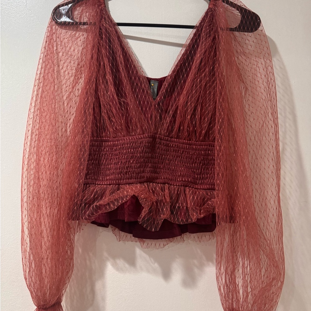 Anthropologie Burgundy Mesh Sleeve Blouse